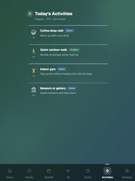 WeatherFit: Activities recommendation preview